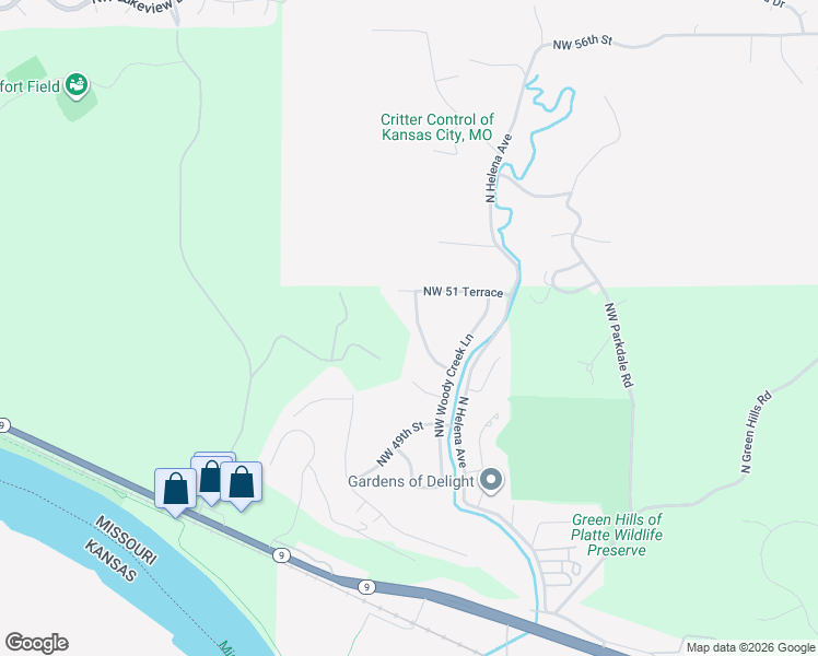 map of restaurants, bars, coffee shops, grocery stores, and more near 5104 North Wood Ridge Drive in Kansas City