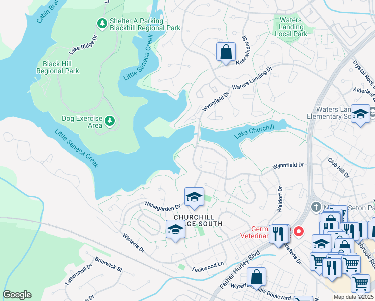 map of restaurants, bars, coffee shops, grocery stores, and more near 20160 Timber Oak Lane in Germantown
