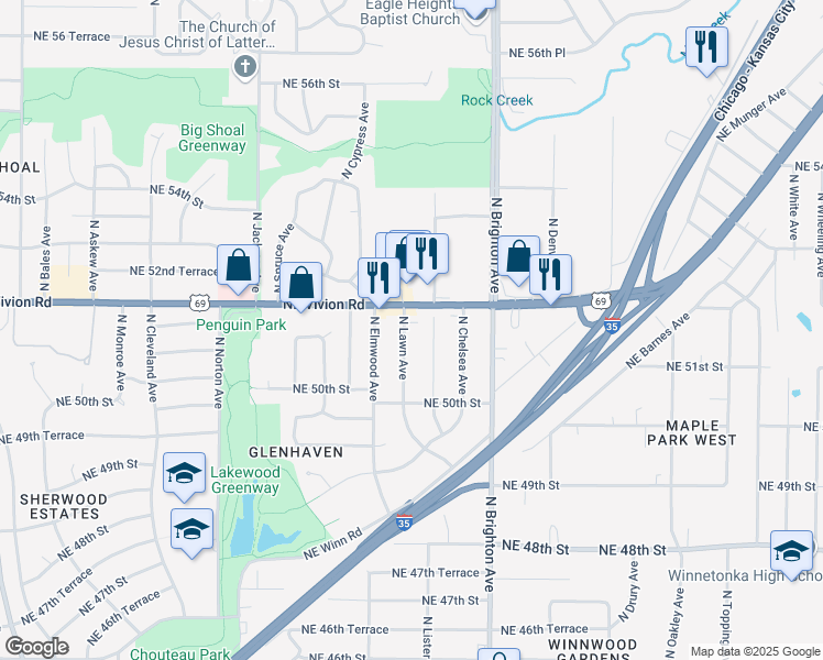 map of restaurants, bars, coffee shops, grocery stores, and more near 5123 North Lawn Avenue in Kansas City