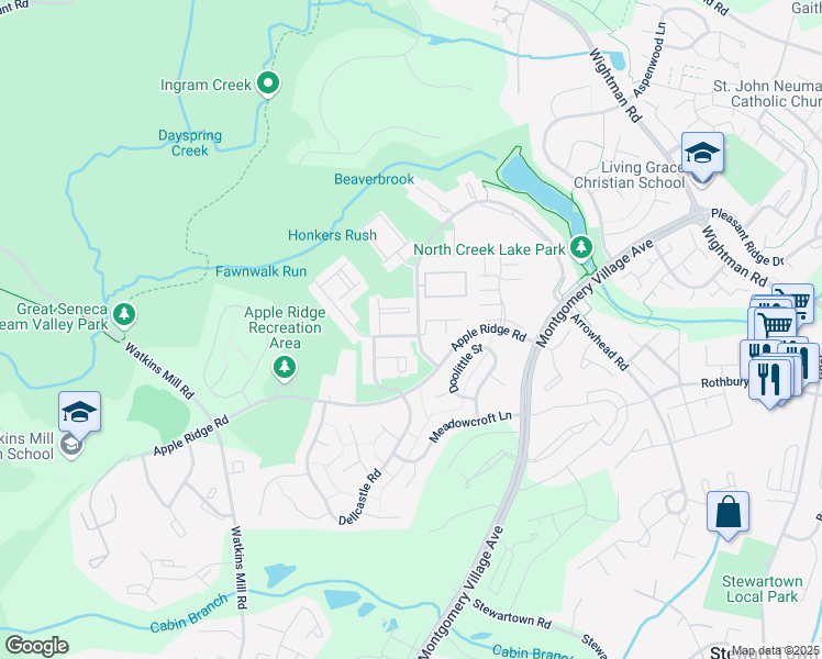 map of restaurants, bars, coffee shops, grocery stores, and more near 9901 Maple Leaf Drive in Gaithersburg