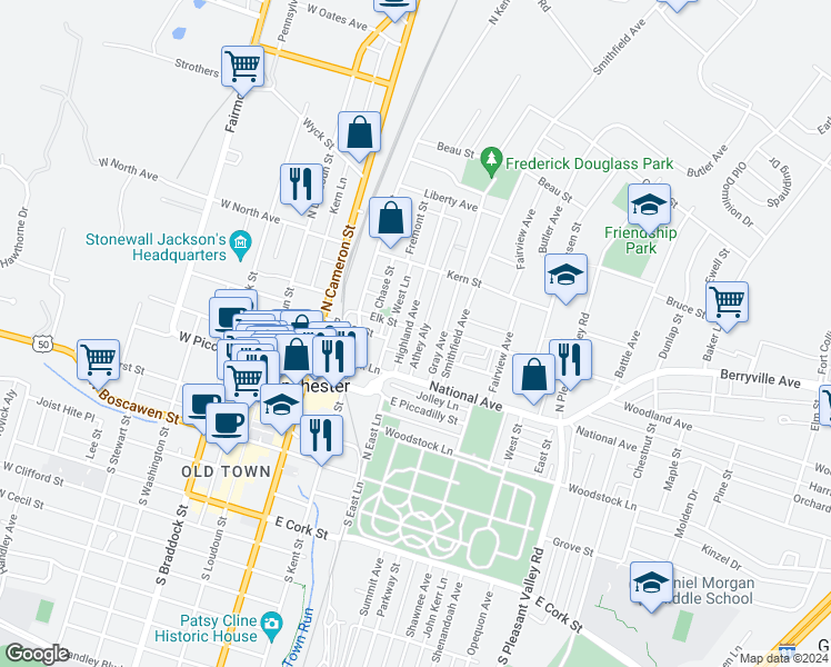 map of restaurants, bars, coffee shops, grocery stores, and more near 1124 Purcell Lane in Winchester