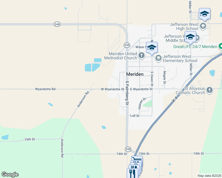 map of restaurants, bars, coffee shops, grocery stores, and more near 2394 West Wyandotte Street in Meriden
