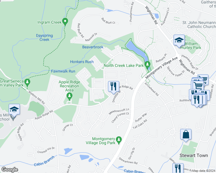 map of restaurants, bars, coffee shops, grocery stores, and more near 9832 Maple Leaf Drive in Gaithersburg
