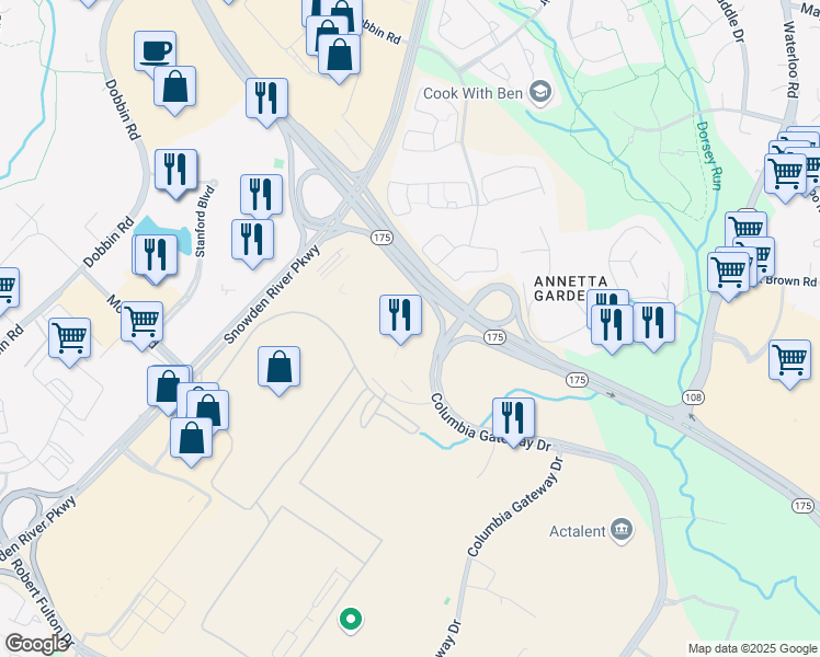 map of restaurants, bars, coffee shops, grocery stores, and more near 6708 Alexander Bell Drive in Columbia