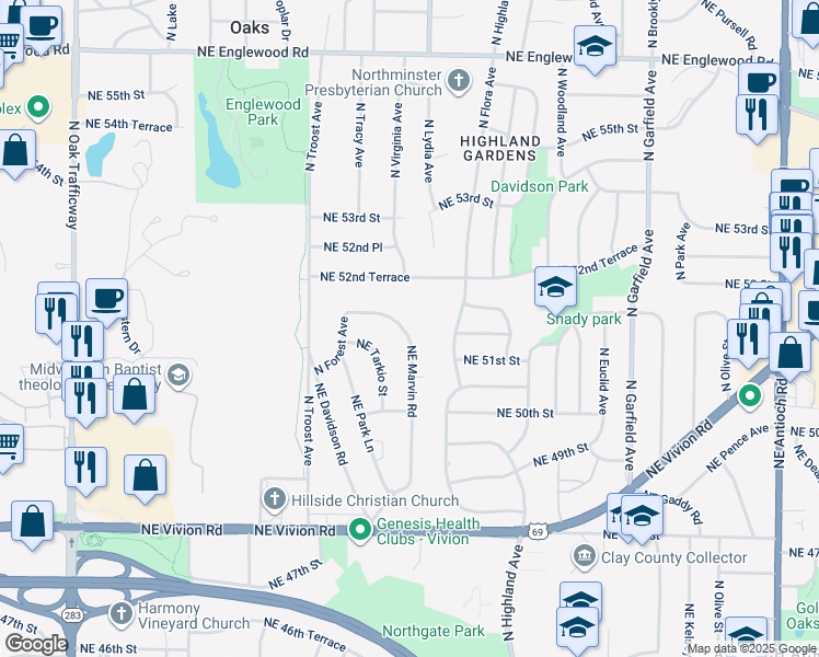 map of restaurants, bars, coffee shops, grocery stores, and more near 5103 Northeast Marvin Road in Kansas City