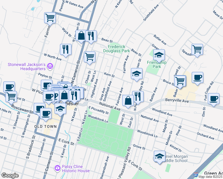 map of restaurants, bars, coffee shops, grocery stores, and more near 316 Virginia Avenue in Winchester