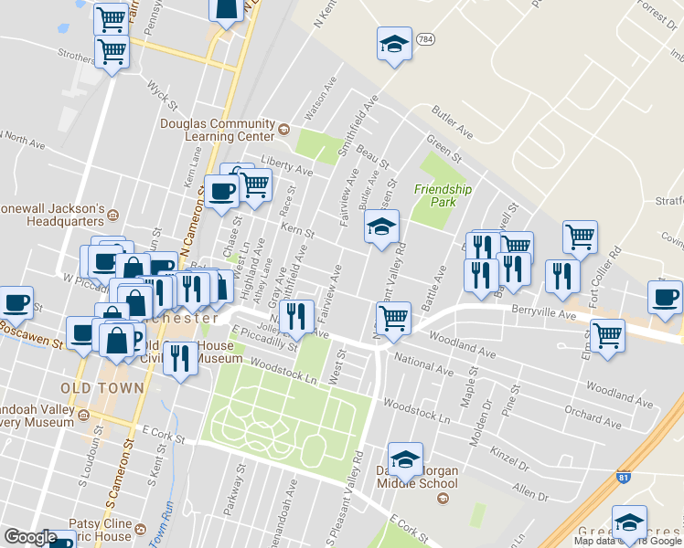 map of restaurants, bars, coffee shops, grocery stores, and more near 412 Fairview Avenue in Winchester