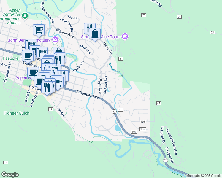 map of restaurants, bars, coffee shops, grocery stores, and more near 104 Kathryn's Way in Aspen