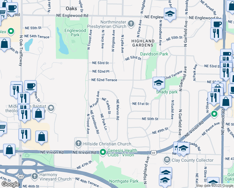 map of restaurants, bars, coffee shops, grocery stores, and more near 5103 Northeast Marvin Road in Kansas City