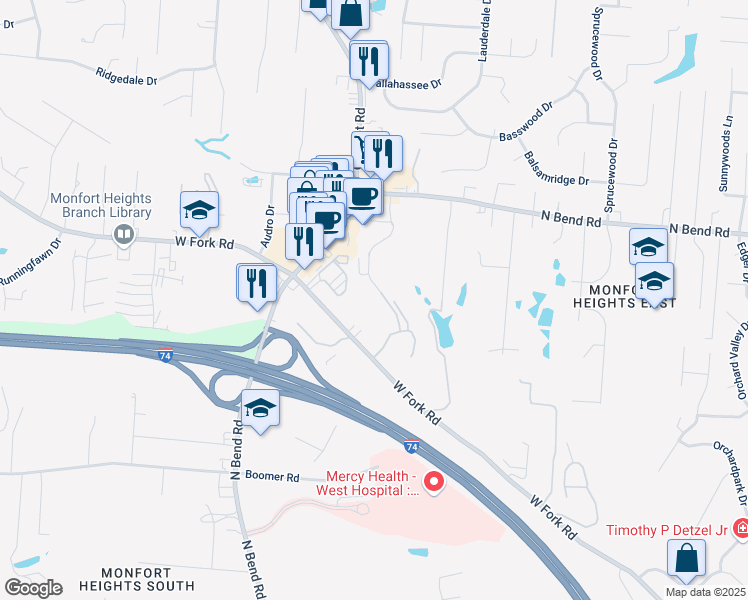 map of restaurants, bars, coffee shops, grocery stores, and more near 5385 Lees Crossing Drive in Cincinnati