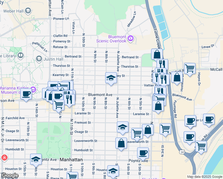 map of restaurants, bars, coffee shops, grocery stores, and more near 714 Bluemont Avenue in Manhattan