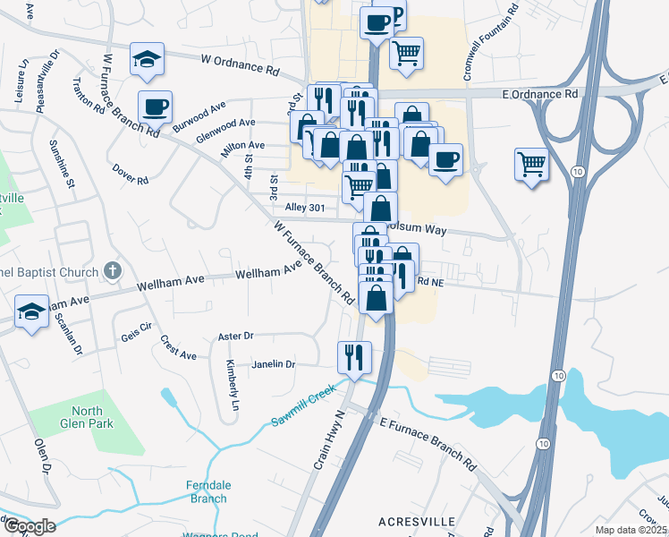 map of restaurants, bars, coffee shops, grocery stores, and more near 6913 Glenridge Circle in Glen Burnie