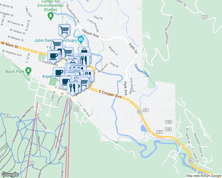 map of restaurants, bars, coffee shops, grocery stores, and more near 1016 East Hyman Avenue in Aspen