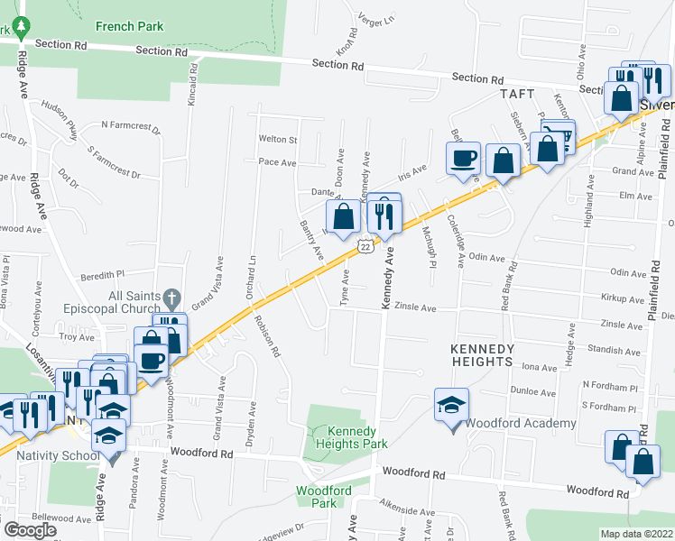 map of restaurants, bars, coffee shops, grocery stores, and more near 6603 Bantry Avenue in Cincinnati