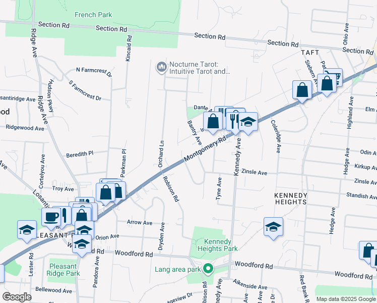 map of restaurants, bars, coffee shops, grocery stores, and more near 6363 Iris Avenue in Cincinnati