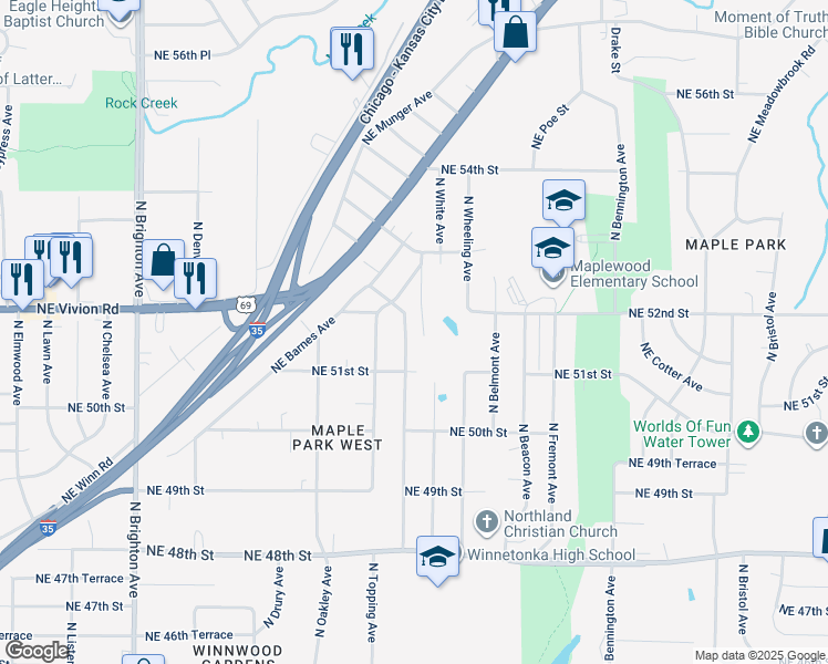 map of restaurants, bars, coffee shops, grocery stores, and more near 5139 North Bellaire Avenue in Kansas City