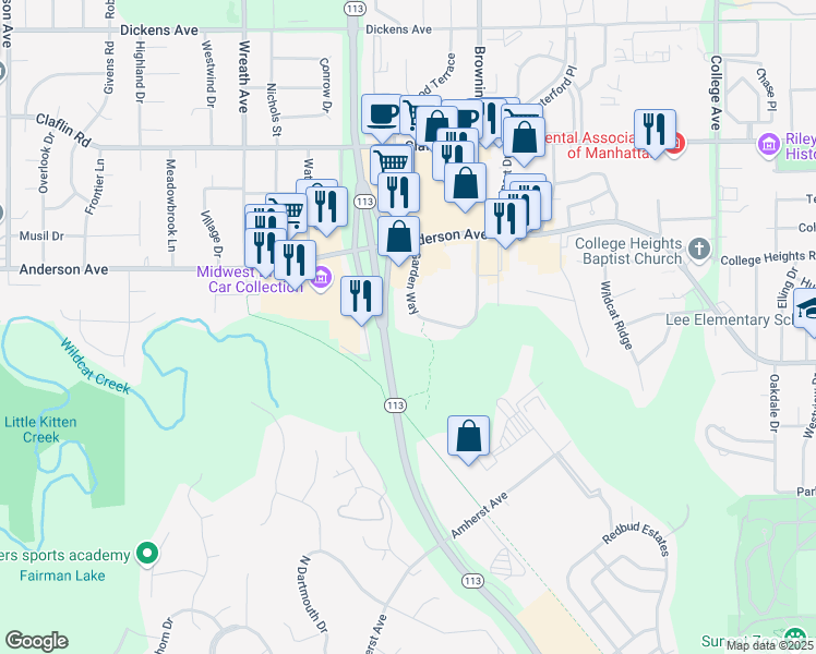 map of restaurants, bars, coffee shops, grocery stores, and more near 1119 Garden Way in Manhattan