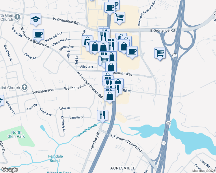 map of restaurants, bars, coffee shops, grocery stores, and more near 6814 Ritchie Highway in Glen Burnie