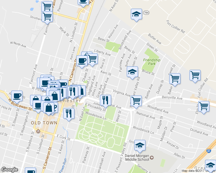 map of restaurants, bars, coffee shops, grocery stores, and more near 316 Virginia Avenue in Winchester