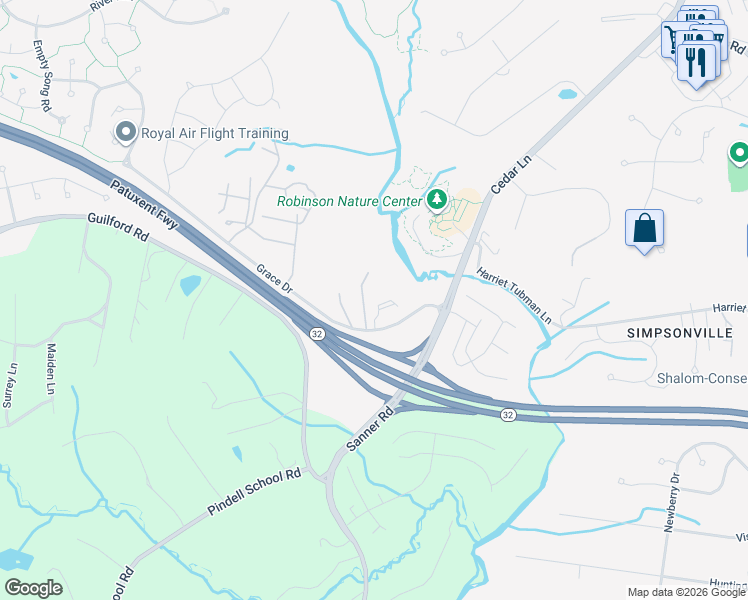 map of restaurants, bars, coffee shops, grocery stores, and more near 7416 Grace Drive in Columbia