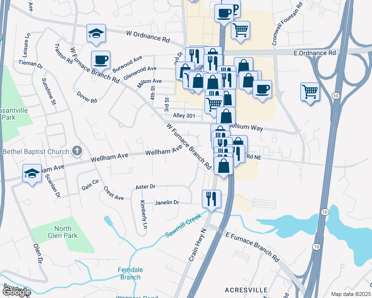 map of restaurants, bars, coffee shops, grocery stores, and more near 28 West Furnace Branch Road in Glen Burnie