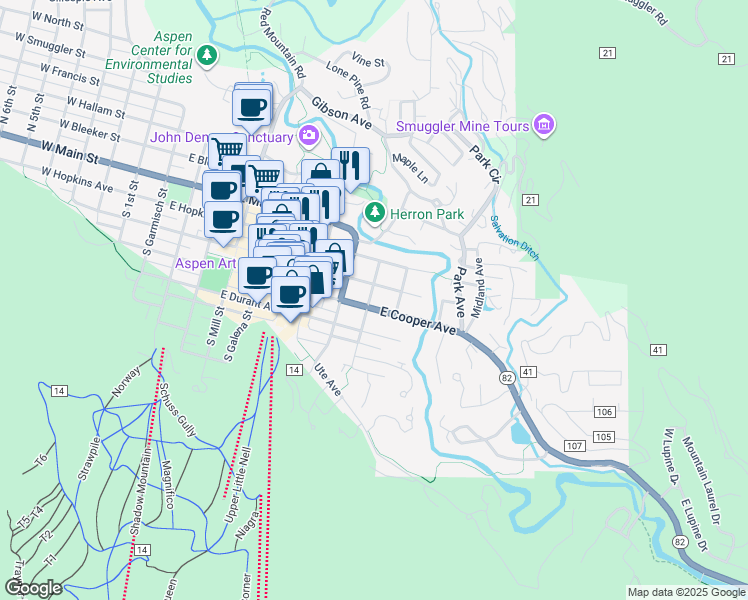 map of restaurants, bars, coffee shops, grocery stores, and more near 917 East Hyman Avenue in Aspen