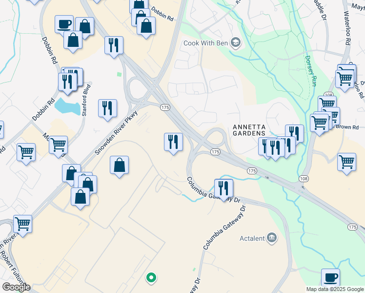 map of restaurants, bars, coffee shops, grocery stores, and more near 6708 Alexander Bell Drive in Columbia