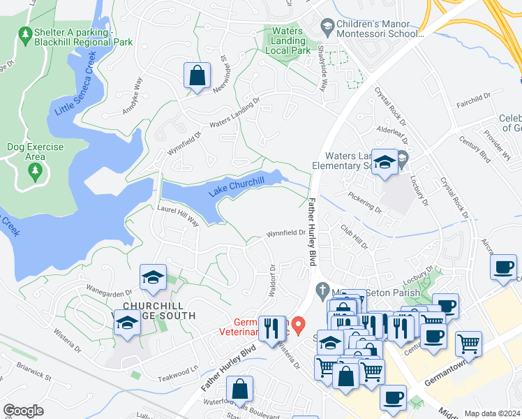 map of restaurants, bars, coffee shops, grocery stores, and more near 13213 Meander Cove Drive in Germantown