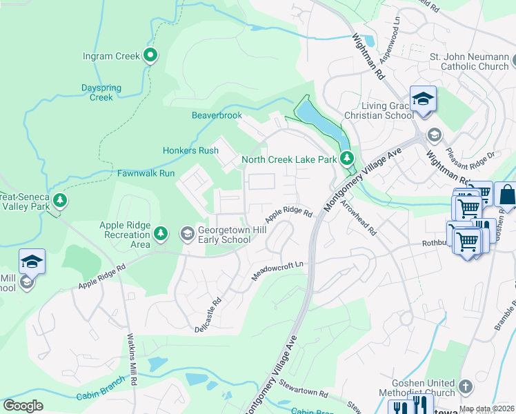 map of restaurants, bars, coffee shops, grocery stores, and more near 9824 Maple Leaf Drive in Montgomery Village