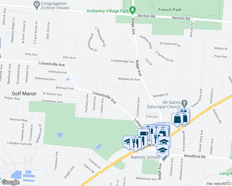 map of restaurants, bars, coffee shops, grocery stores, and more near 2848 Losantiville Terrace in Cincinnati