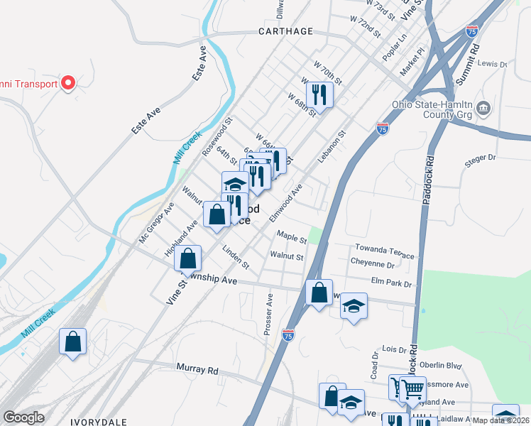 map of restaurants, bars, coffee shops, grocery stores, and more near 304 Oak Street in Elmwood Place