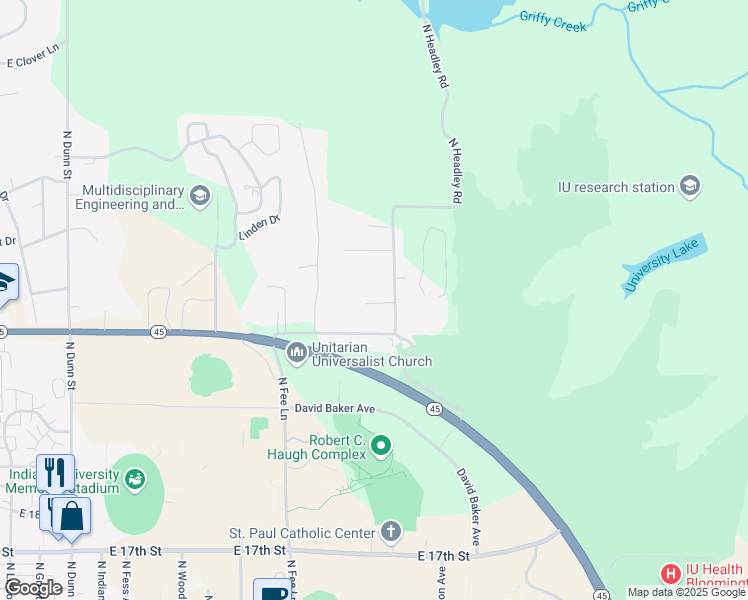 map of restaurants, bars, coffee shops, grocery stores, and more near 2311 North Headley Road in Bloomington