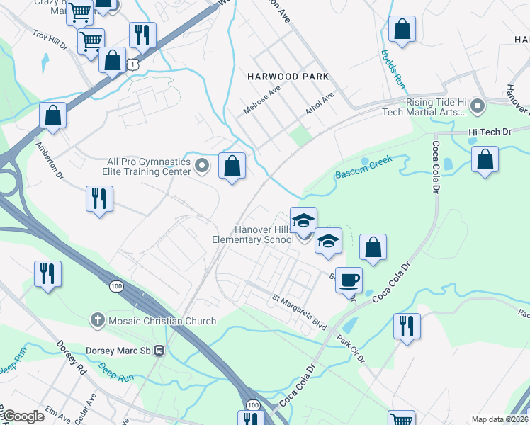 map of restaurants, bars, coffee shops, grocery stores, and more near 7112 Littlemore Way in Hanover
