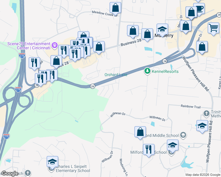 map of restaurants, bars, coffee shops, grocery stores, and more near 969 Ohio 28 in Milford