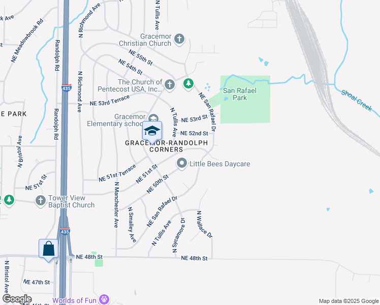 map of restaurants, bars, coffee shops, grocery stores, and more near 8159 Northeast 51st Street in Kansas City