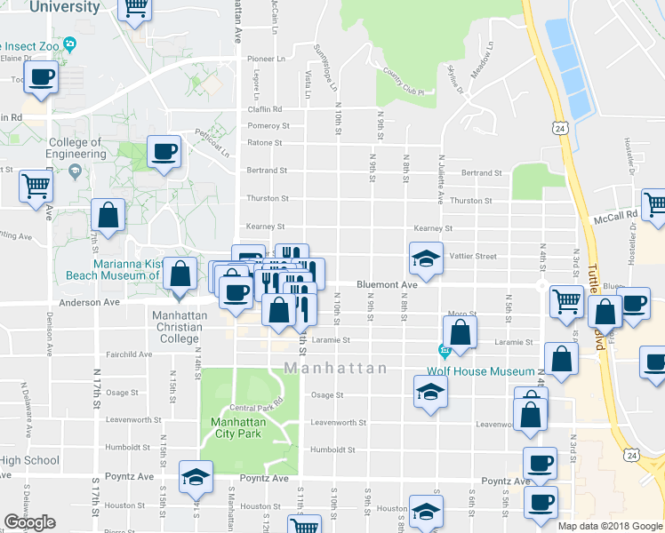map of restaurants, bars, coffee shops, grocery stores, and more near 931 Vattier Street in Manhattan