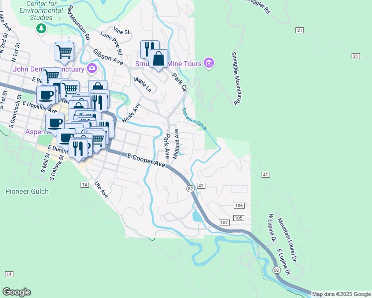 map of restaurants, bars, coffee shops, grocery stores, and more near 104 Kathryn's Way in Aspen