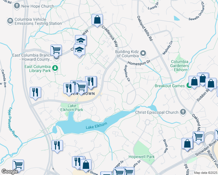 map of restaurants, bars, coffee shops, grocery stores, and more near 7113 Banjo Court in Columbia