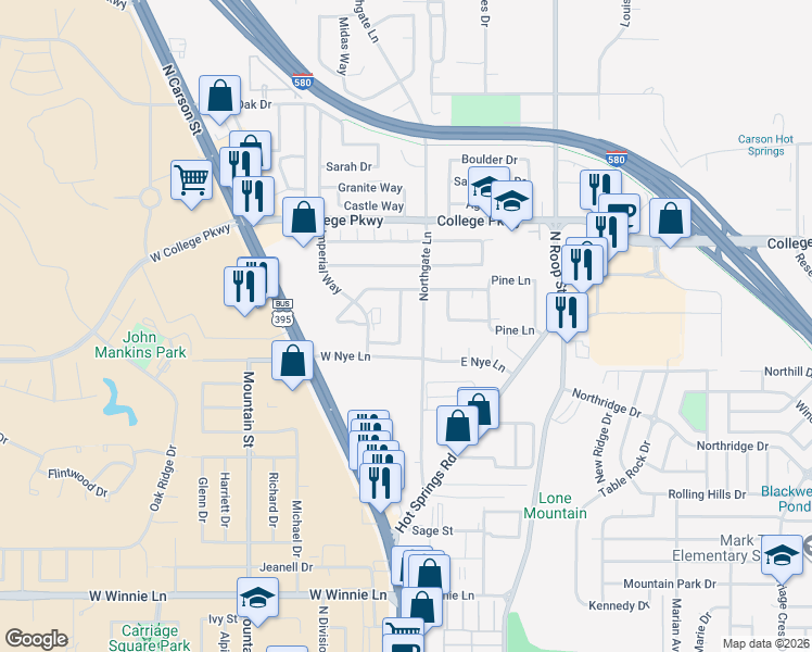map of restaurants, bars, coffee shops, grocery stores, and more near 3101 Wingate Way in Carson City