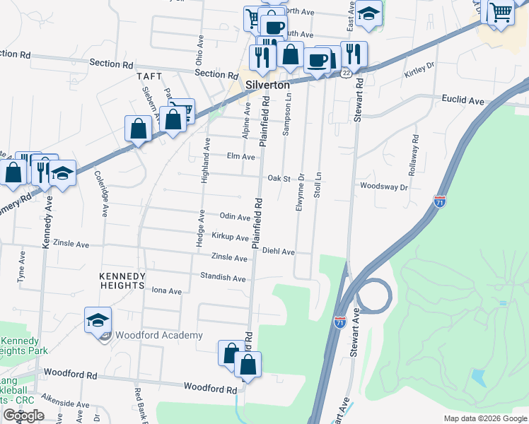 map of restaurants, bars, coffee shops, grocery stores, and more near 6610 Plainfield Road in Cincinnati