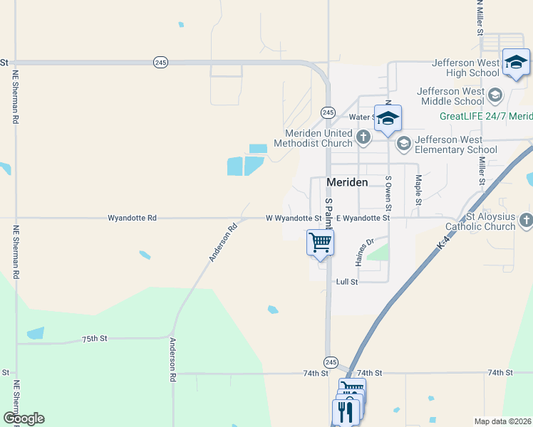 map of restaurants, bars, coffee shops, grocery stores, and more near 2394-3502 West Wyandotte Street in Meriden