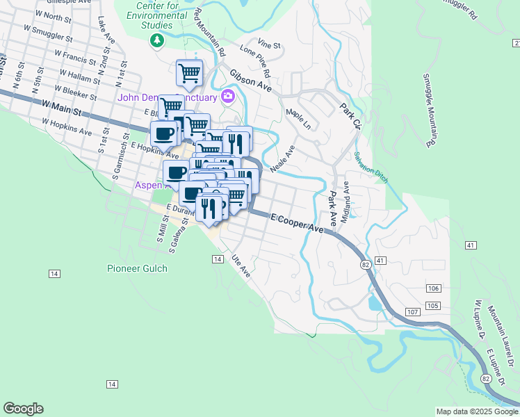 map of restaurants, bars, coffee shops, grocery stores, and more near 802 East Cooper Avenue in Aspen