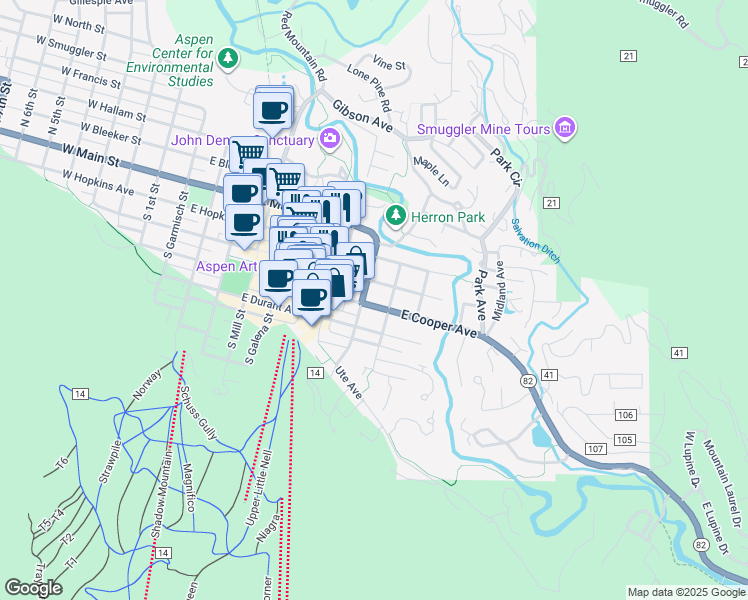 map of restaurants, bars, coffee shops, grocery stores, and more near 802 East Cooper Avenue in Aspen