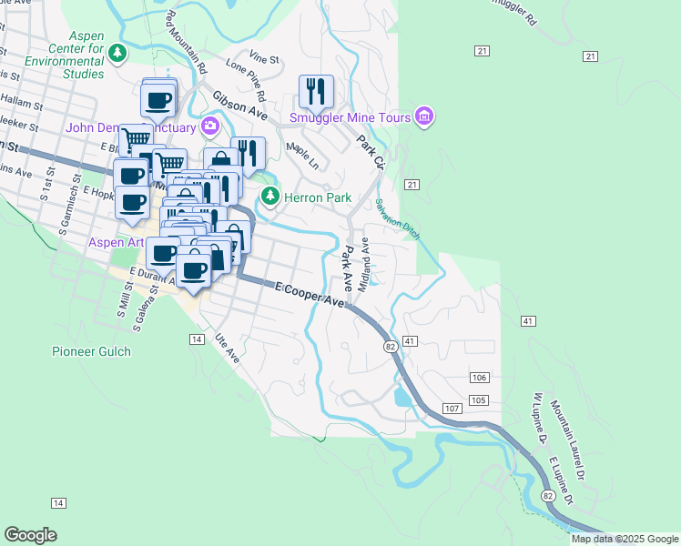 map of restaurants, bars, coffee shops, grocery stores, and more near 1180 Dale Avenue in Aspen