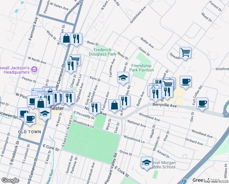 map of restaurants, bars, coffee shops, grocery stores, and more near 419 Van Fossen Street in Winchester