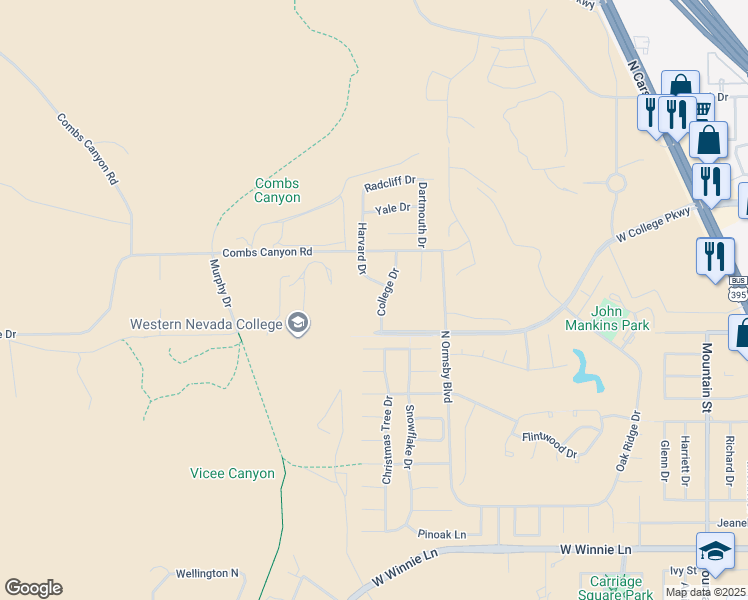 map of restaurants, bars, coffee shops, grocery stores, and more near 2028 College Drive in Carson City