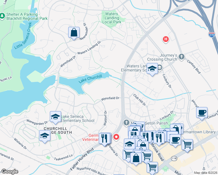map of restaurants, bars, coffee shops, grocery stores, and more near 20244 Shipley Terrace in Germantown