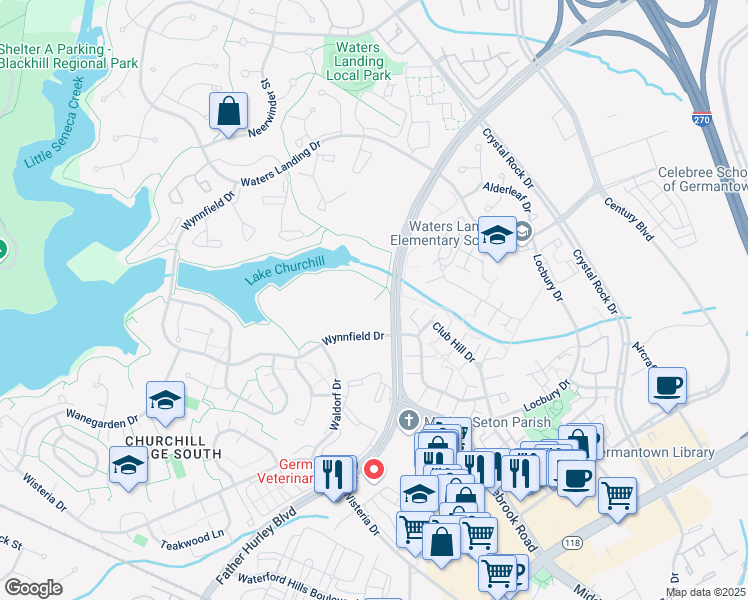 map of restaurants, bars, coffee shops, grocery stores, and more near 20256 Shipley Terrace in Germantown