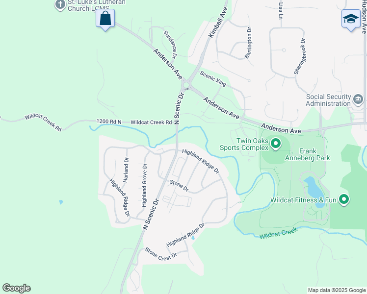 map of restaurants, bars, coffee shops, grocery stores, and more near 701 Highland Ridge Drive in Manhattan