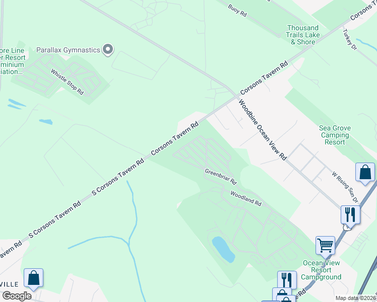 map of restaurants, bars, coffee shops, grocery stores, and more near 350 Corsons Tavern Road in Cape May County